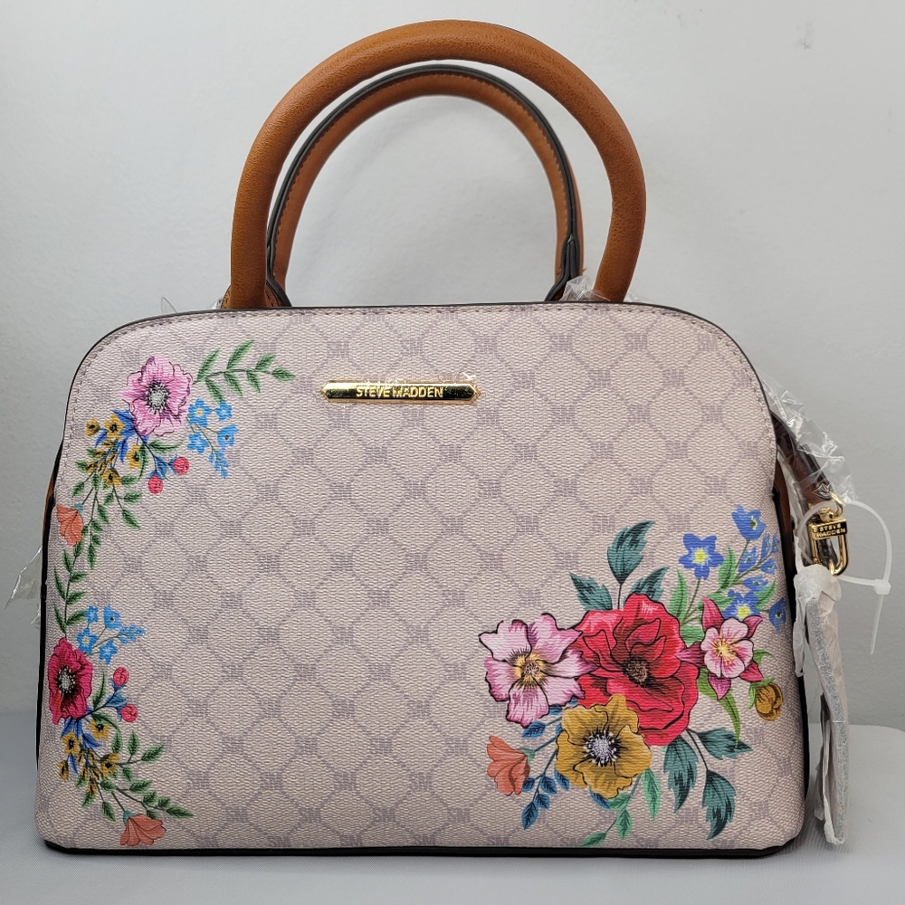 Steve Madden Faux Leather Cross Body Satchel Floral & Monogram Purse NWT